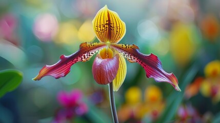 Close up of vibrant maroon, yellow, and white lady s slipper orchid in full bloom, detailed view