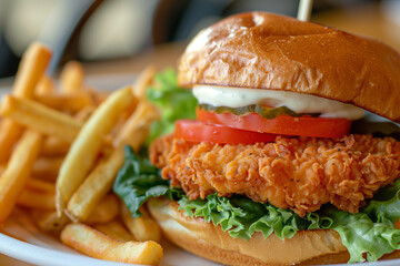 A breaded chicken sandwich with French fries in the background, topped with tomatoes, mayonnaise,...