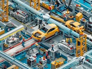 isometric factory with yellow car on assembly line
