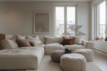 Serene minimalist living room in Stockholm with modular furniture and a neutral color palette, enhanced by morning light.
