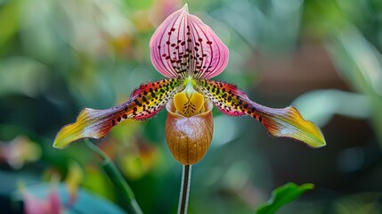 Beautiful maroon, yellow, and white lady s slipper orchid in full bloom in stunning close up view