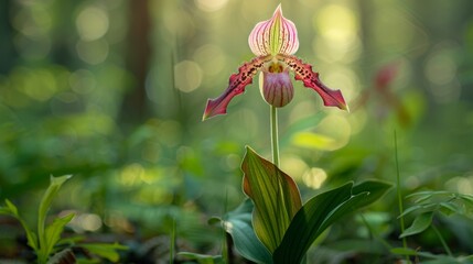 Vibrant lady s slipper orchid in summer sunlight, pink and white petals among lush greenery