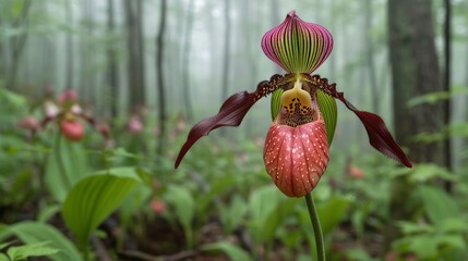 Lady s slipper orchid with detailed petals swaying gracefully in the gentle summer breeze