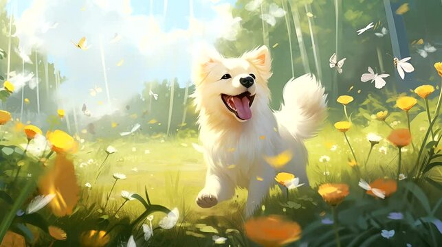 Cute white dog staring butterflies among the blooming wildflowers. Anime or digital painting style, looping 4k video animation background