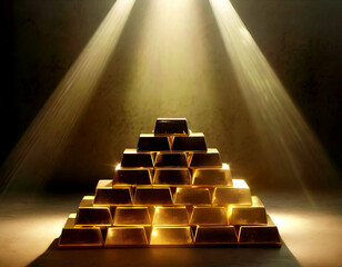 ピラミッド状に積み上げられた金の延べ棒とスポットライト - obrazy, fototapety, plakaty