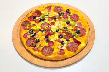 Delicious mixed pizza with rich content. Menu concept of choice and diversity. Pepperoni, Formaggi, Veggie, Karisik pizza