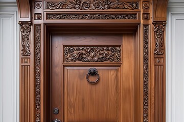Elegant solid wood entry door featuring intricate carvings and a rich, mahogany stain
