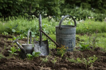 Fototapeta premium Agricultural implements, watering cans, shovels, for farm work