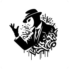 pantomim; jester silhouette, people in graffiti tag, hip hop, street art typography illustration.