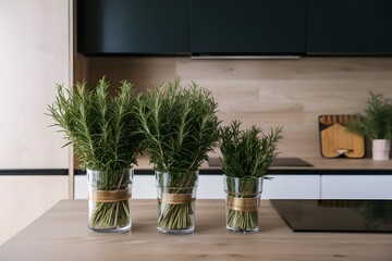 Minimalist kitchen adorned with bundles of fresh green rosemary