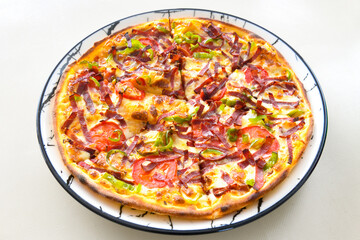 Delicious mixed pizza with rich content. Menu concept of choice and diversity. Pepperoni, Formaggi, Veggie, Karisik pizza