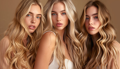 Three beautiful blonde women with long hair in a light beige color, perfect and smooth skin,...