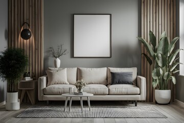 Modern living room with empty wall frame, minimalist decor