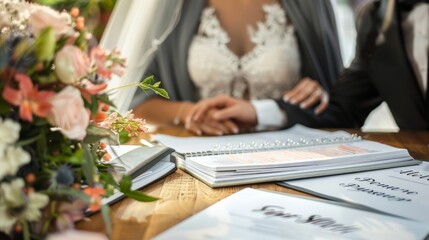 Couple signing marriage agreement sitting at desk.