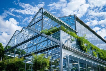 A cloudshaped greenhouse with a glass roof and plants growing on top