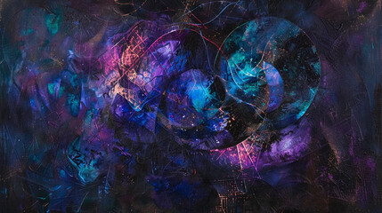 Threads of iridescent amethyst and luminous cerulean dancing in a symphony of light and color, weaving an abstract masterpiece upon a canvas of cosmic black velvet. 