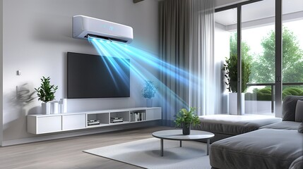 A room with the air conditioner encompasses blue waves of clean air