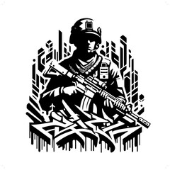 soldier silhouette, people in graffiti tag, hip hop, street art typography illustration.