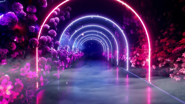 Endless tunnel with decorative flowers and neon light 