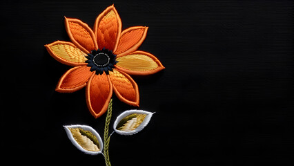 Shining orange daisies on a black background, orange daisies colorfully expressed in vibrant embroidery, daisies on a black background that evoke contrasting emotions(Generative AI)