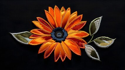 Shining orange daisies on a black background, orange daisies colorfully expressed in vibrant embroidery, daisies on a black background that evoke contrasting emotions(Generative AI)
