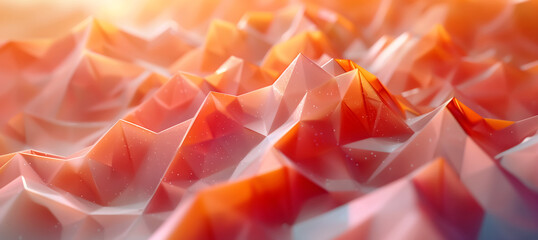 Abstract polygonal surface with warm hues reminiscent of 13-1023 Peach Fuzz color palette. Intriguing geometric formations bathed in soft, ethereal light.