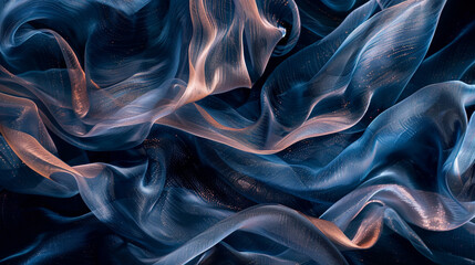 Veils of shimmering rose gold and celestial cobalt swirling in a mesmerizing ballet, forming an abstract composition upon a canvas of deep indigo velvet. 