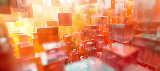 Abstract 3D geometric composition in warm, peachy tones. Mesmerizing interplay of translucent cubes, evoking depth, dimensionality. Vibrant, contemporary visual exploration in Peach Fuzz color palette