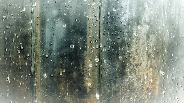Raindrops on rusty metal surface from behind glass