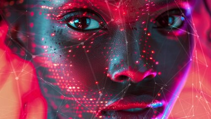 Black female cyber security expert. With AI code illusminated overlay around her.  Working in a data center. Female Computer Engineer. Generative AI. - Powered by Adobe