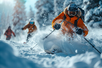 A group of friends hitting the slopes for a day of skiing and snowboarding, carving through fresh powder with exhilaration. Concept of winter fun and adrenaline. Generative Ai.