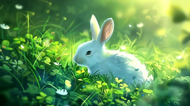 Cute white bunny on clover in meadow. Anime or digital painting style, looping 4k video animation background