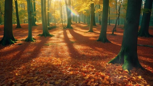 autumn forest in the morning, background, 4k, animation video, seamless looping, footage, generative ai