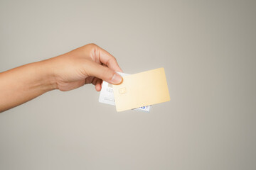 male hand holding many Bank credit Cards on isolated background