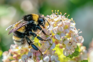 Closeup of a bumblebee, a pollinator insect, on a flower petal