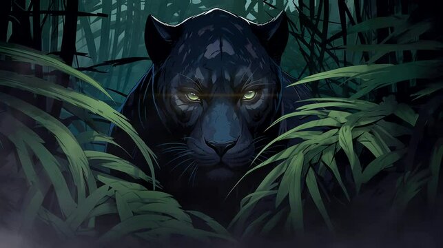 Black panther staring in the forest. Anime or digital painting style, looping 4k video animation background