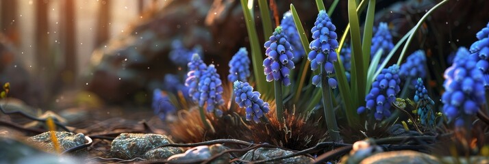 Exquisite muscari flowers in beautiful blue hue, a captivating display of nature s floral beauty - obrazy, fototapety, plakaty