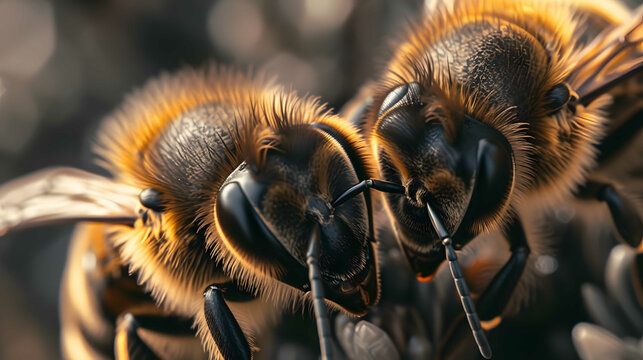 Close-up image of a fuzzy bee showcasing its detailed eyes and mouthparts with clarity.