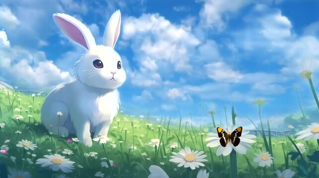 Cute white rabbit staring butterflies among the blooming wildflowers. Anime or digital painting style, looping 4k video animation background