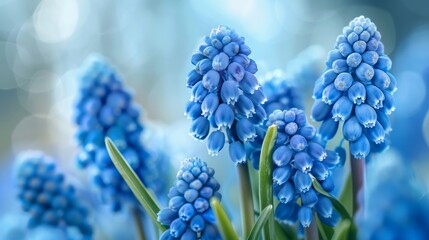 Close up of vibrant blue muscari flowers showcasing their stunning beauty in a delightful display - obrazy, fototapety, plakaty