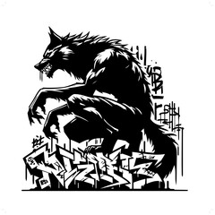 werewolf; mythology creature silhouette, graffiti tag, hip hop, street art typography illustration.