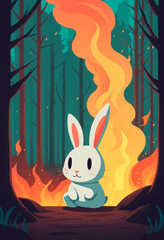 Hare Caught in a Forest Wildfire at Dusk, Surrounded by Flames