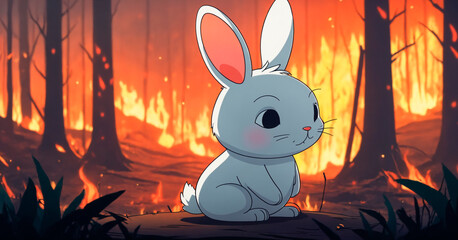 Hare Caught in a Forest Wildfire at Dusk, Surrounded by Flames