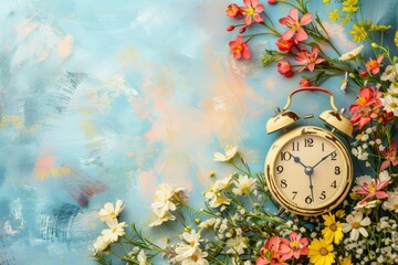 Clock encircled by flowers on blue backdrop, a natureinspired art piece
