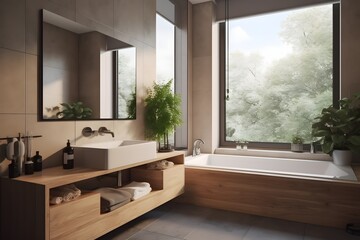 Scandinavian bathroom interior in light colors with a ceramic sink, mirror and large bathtub, with a large window. House apartment design in a minimalist style