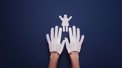 Fototapeta premium Creative Top View of Paper Cut Hands Symbolizing Family on Navy Blue Background