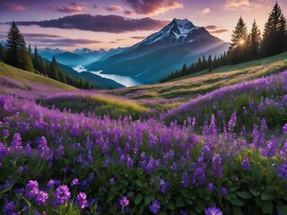 Amazing panorama landscape of a field purple at sunset in the mountains