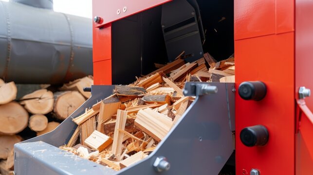 Electric wood shredder with wooden log used for garden mulching.