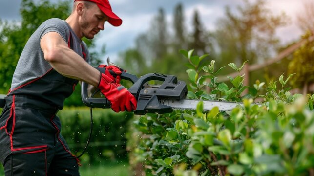 Gardener maintaining bushes with electric saw, gardening concept