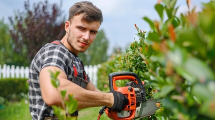 handsome young man gardener trimming hedgerow in a garden park outdoor